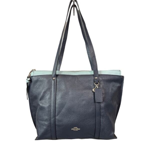 Coach May Navy Blue Pebbled Leather Tote Shoulder Bag Two Tone Light Blue Trim - Picture 1 of 15